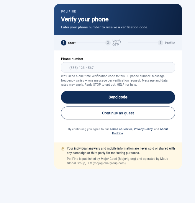 Polifine verification screen showing the phone number field, the message frequency and data rates disclosure, the STOP and HELP instructions, links to Terms of Service and Privacy Policy, and a Continue as guest button.